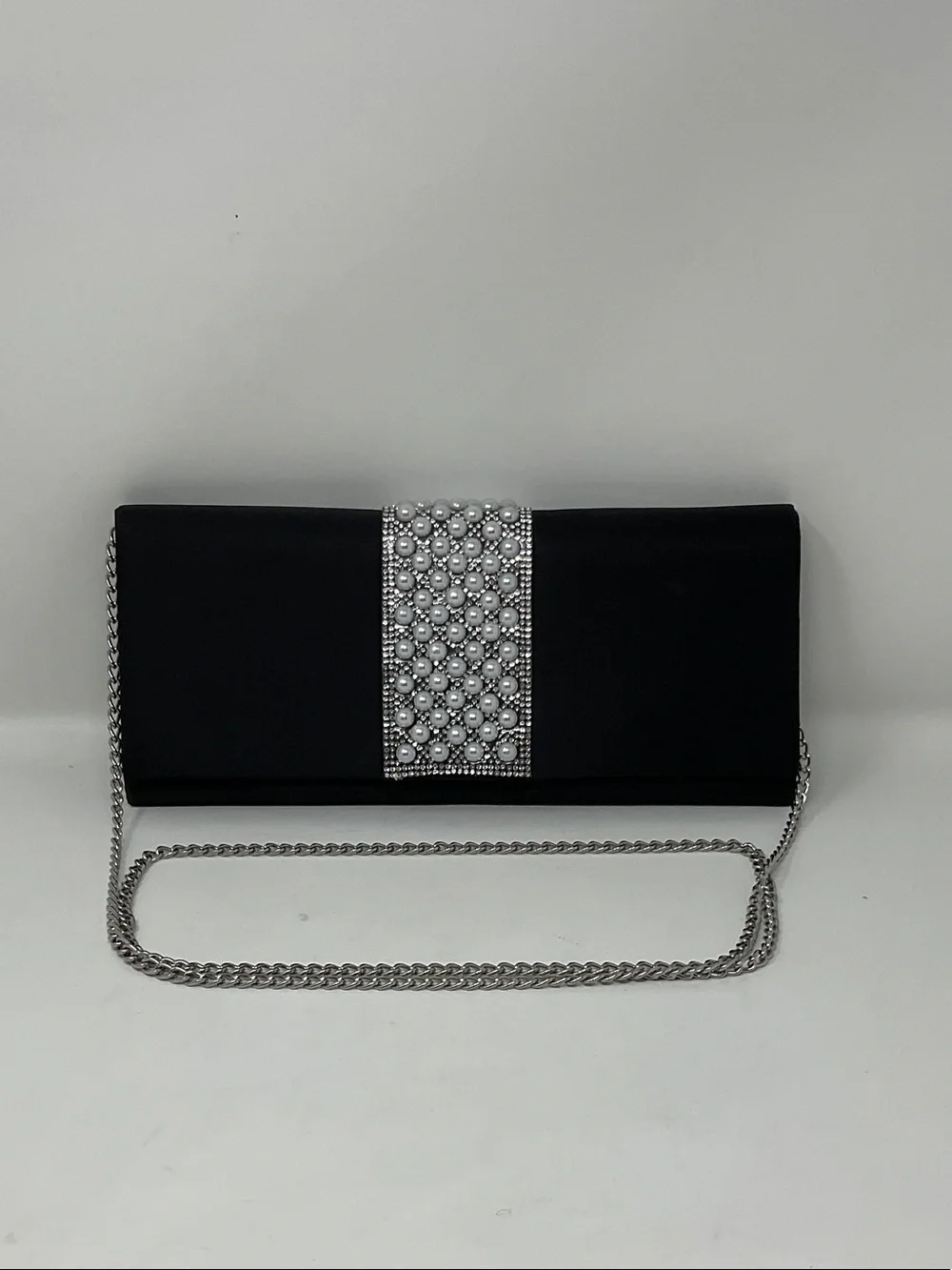 Giani Bernini Black Satin Clutch with Pearl & Crystal Band